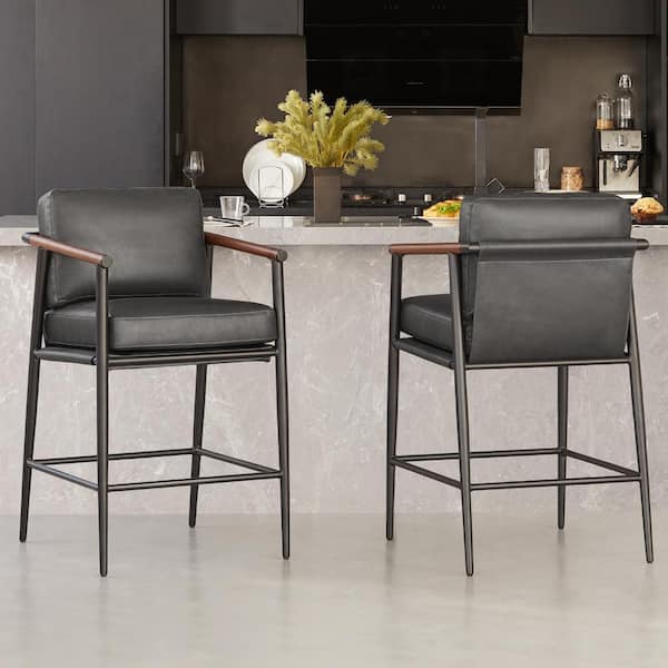 Zephyra Grey Upholstered Leather 27.2 in. H Counter Height Bar Stool with Metal Frame (Set of 2)