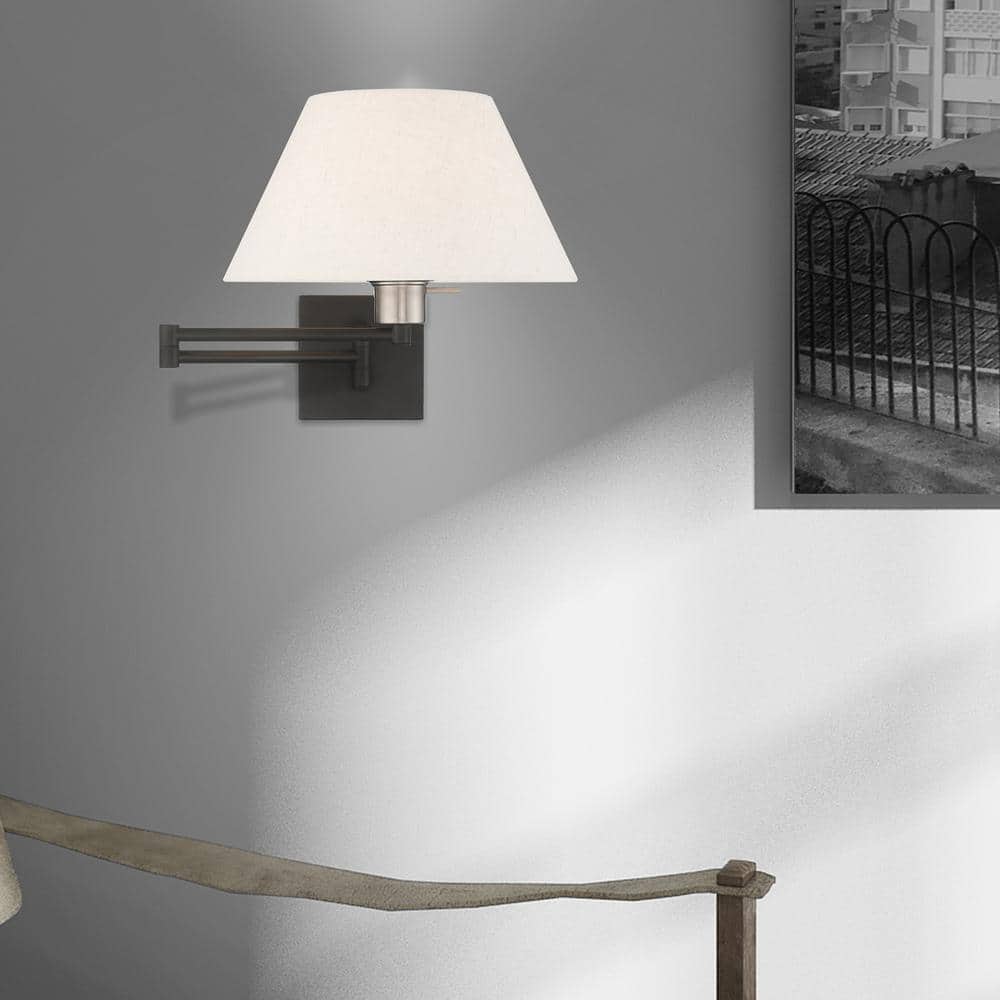 Classic Black Swing Arm Wall Lamp with Oatmeal Fabric Shade