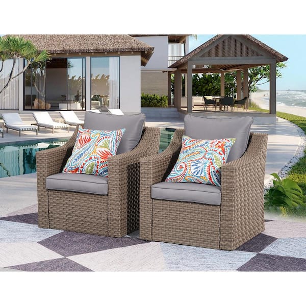 Anvil 2-Pieces Brown PE Rattan Wicker Outdoor Patio Single Couch Chairs with Gray Cushion and Wide Arm (Set of 2)