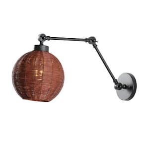 Lyla 22 in. 1-Light Dark Brown/Black Wall Sconce Mid-Century Vintage Rattan Globe Swing Arm LED