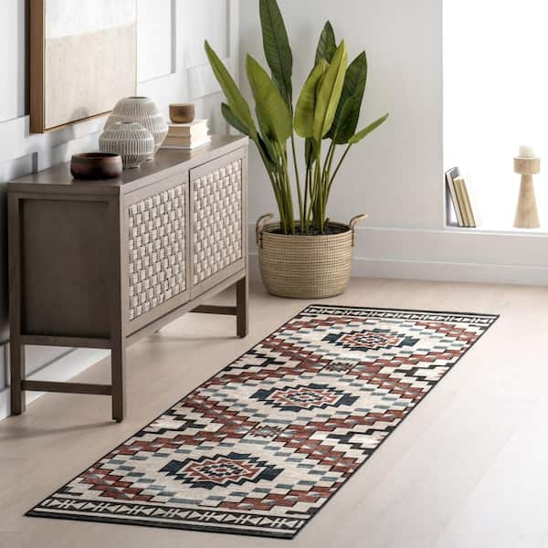 2.6 ft. x 10 ft. Beige Violeta Timeless Medallion Spill Proof Washable Indoor Area Rug
