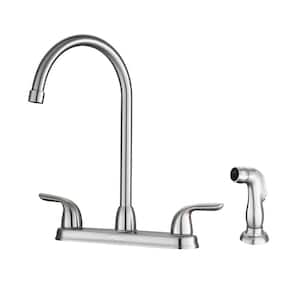 Double Handle 8 in. Centerset Kitchen Faucet with Side Sprayer, 4 Holes Standard Kitchen Faucet in Brushed Nickel