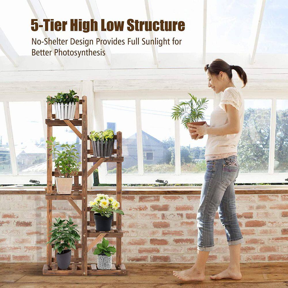 5-Tier Dark Brown Solid Fir Wood Plant Stand