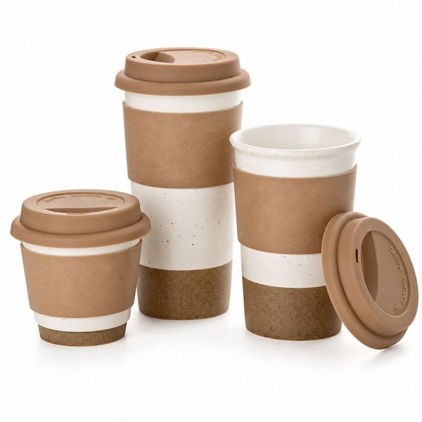 20 oz. White Porcelain to Go Coffee Mugs, Travel Coffee Tumbler with Silicone Sleeve and Lid Microwave Safe (Set of 3)