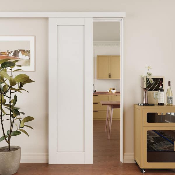 24 in. x 96 in. Hidden Track Style Paneled 1-Lite White Primed MDF Sliding Barn Door with Hardware Kit