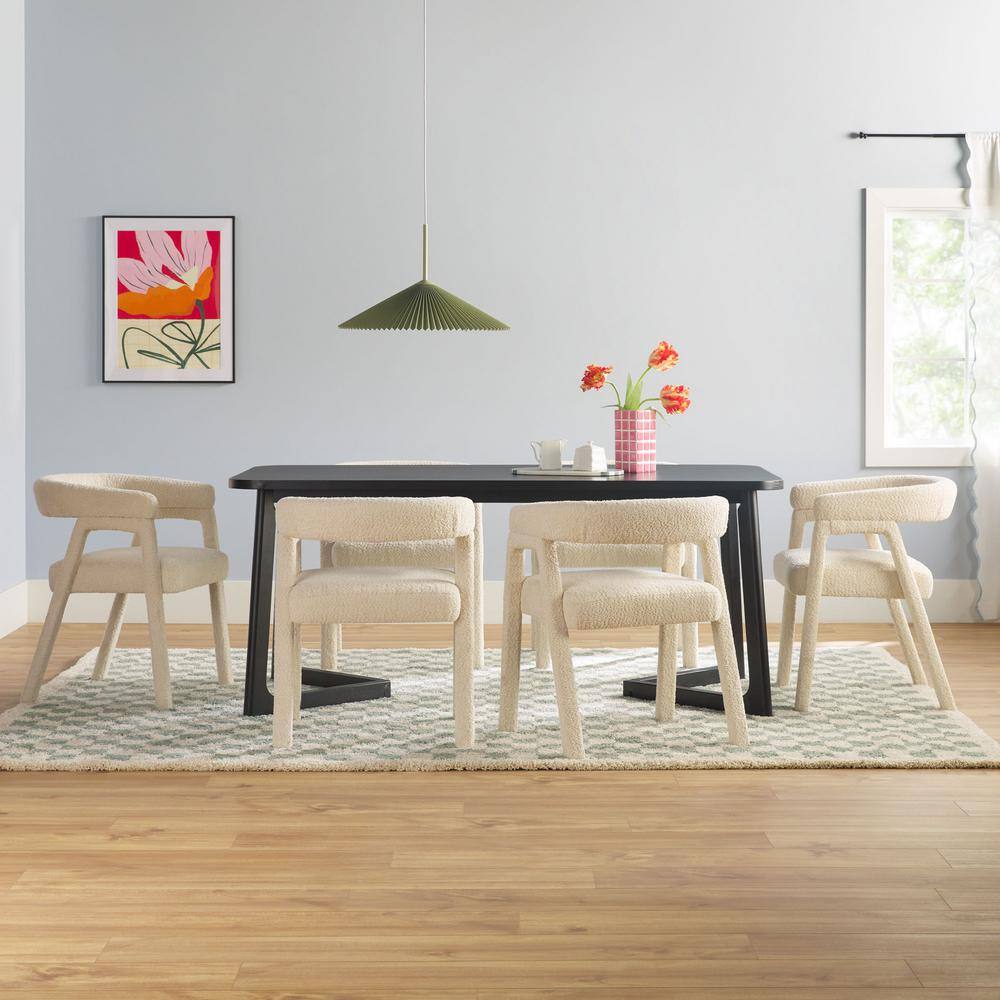 Modern 7-Piece Rectangle Black Solid Wood Top Dining Room Set with Fully Upholstered Ivory Boucle Chairs, Seats 6