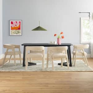 Modern 7-Piece Rectangle Black Solid Wood Top Dining Room Set with Fully Upholstered Ivory Boucle Chairs, Seats 6