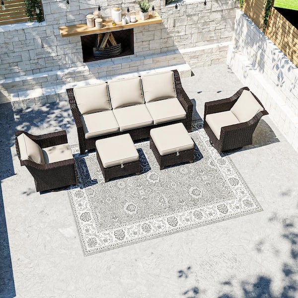 5-Piece Wicker Outdoor Patio Conversation Sectional Set With Beige Cushions