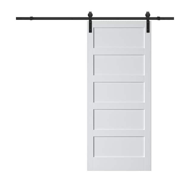 ARK DESIGN 36 in. x 84 in. Paneled 5 Lites White MDF with PVC Prefinished Sliding Barn Door Slab with Installation Hardware Kit
