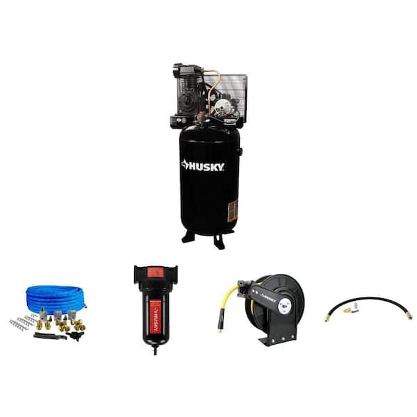 80 Gal. 2-Stage Air Compressor, Piping, Filter, Hose Reel and Install Kit