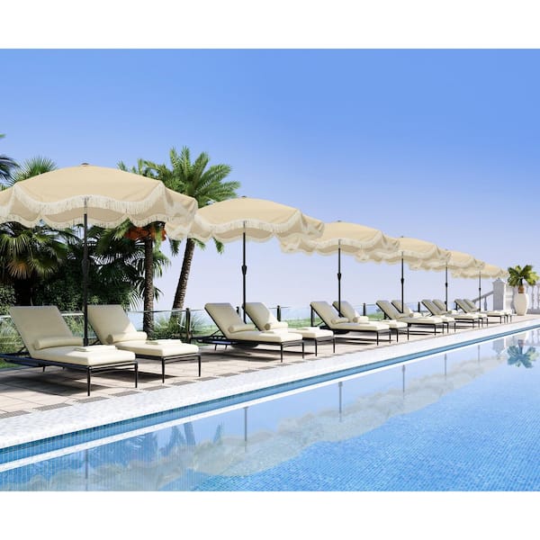 9 ft. Tassel Market Patio Umbrella with Full Fiberglass Rib in Beige