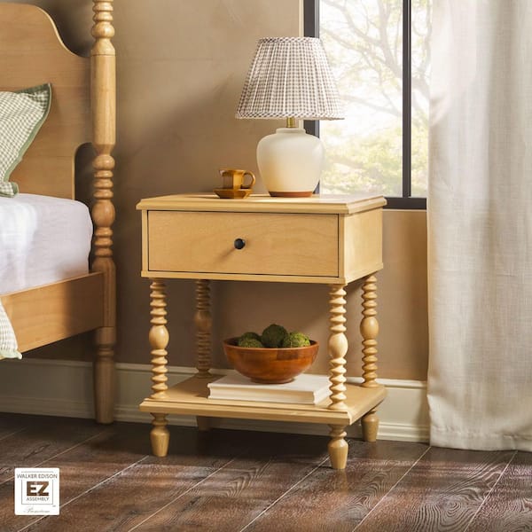 Walker Edison Furniture Company Modern Farmhouse Easy Assembly Natural 1-Drawer 22 in. W Solid Wood Spindle-Detailing Nightstand