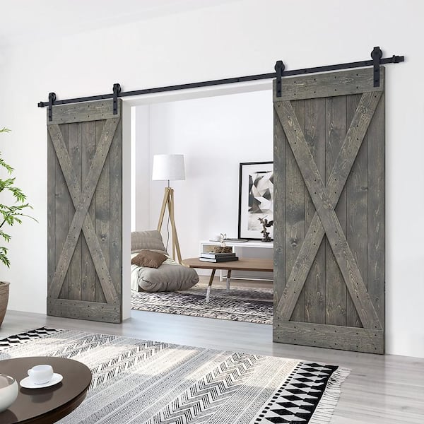 X Series 84 in. x 84 in. Pre-Assembled Weather Gray Stained Wood Interior Double Sliding Barn Door with Hardware Kit