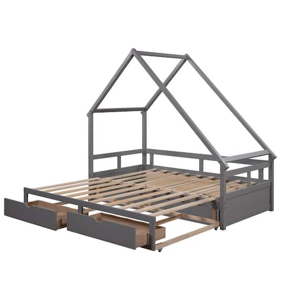 aisword Twin Size Extending Daybed with Two Drawers, Wooden House Bed with Drawers - Gray
