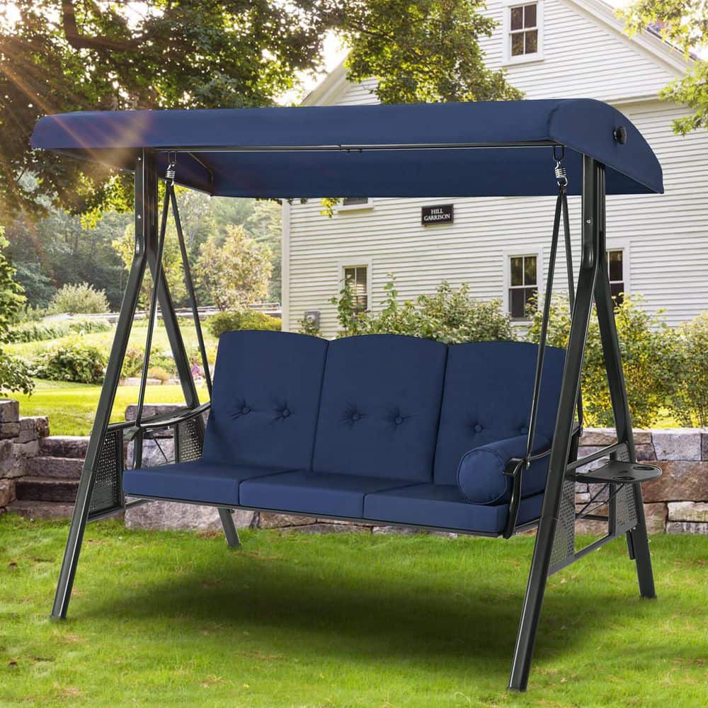 Zeus & Ruta 3-Seat Black Metal Outdoor Patio Swing Chair
