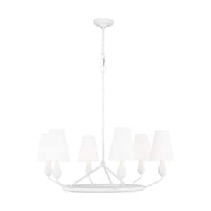 Ziba 32 in. W x 34.75 in. H 6-Light Matte White Medium Dimmable Chandelier with White Linen Fabric Shades