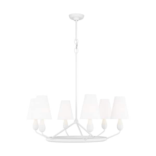 Ziba 32 in. W x 34.75 in. H 6-Light Matte White Medium Dimmable Chandelier with White Linen Fabric Shades