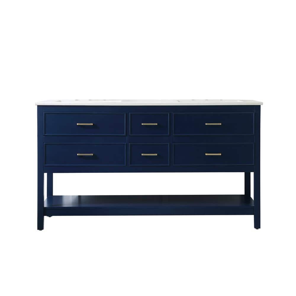 Simply Living 60 in. Double Bathroom Vanity in Blue with Quartz Vanity Top 