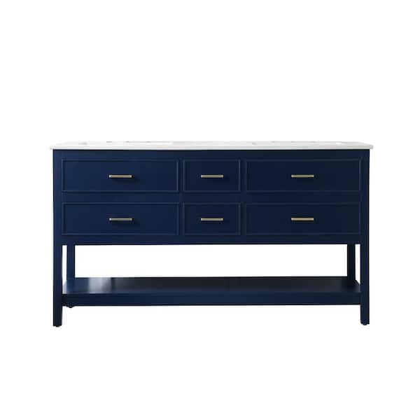 Unbranded Simply Living 60 in. Double Bathroom Vanity in Blue with Quartz Vanity Top in Calacatta White
