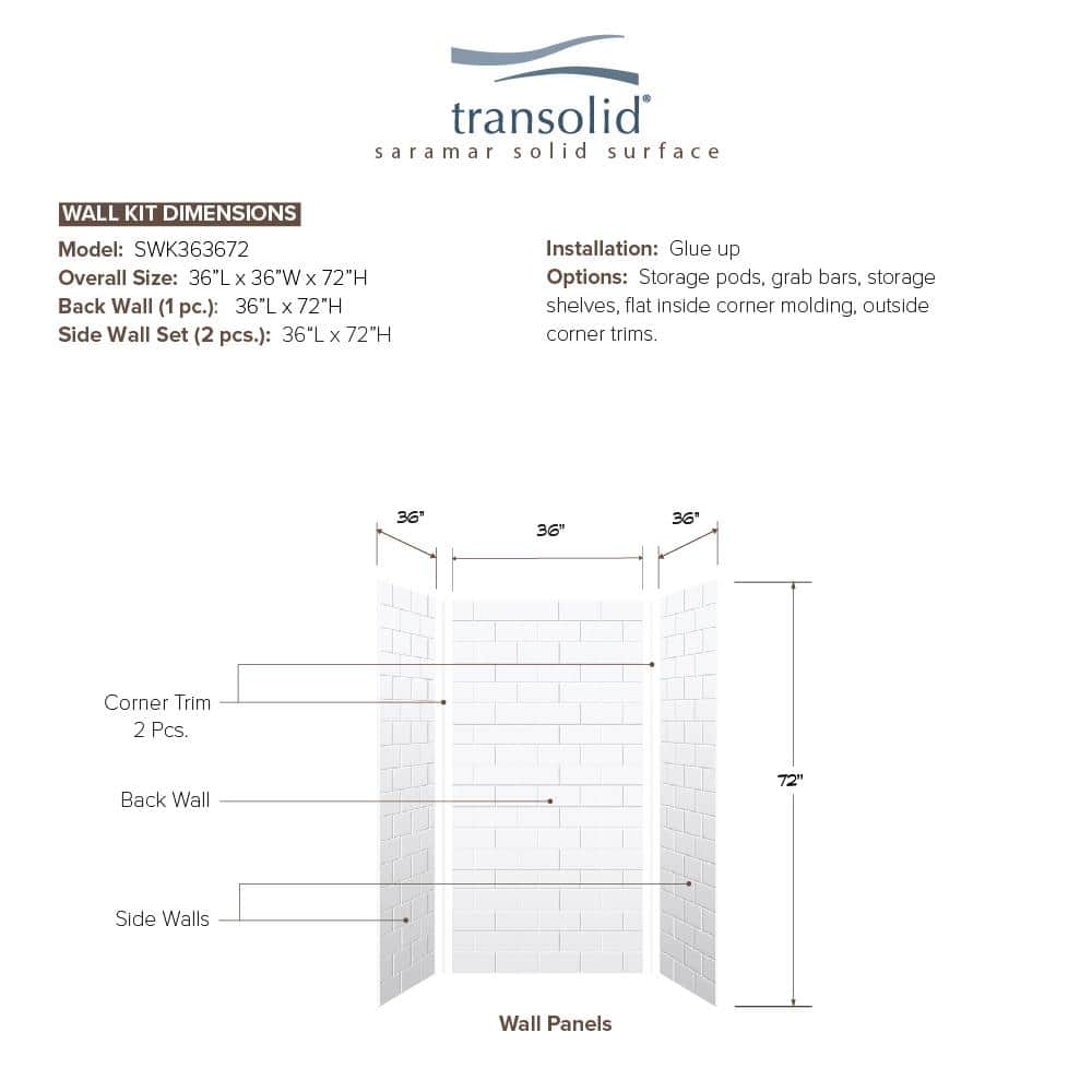 Transolid 36" x 36" x 72" White Subway Tile Shower Wall Kit