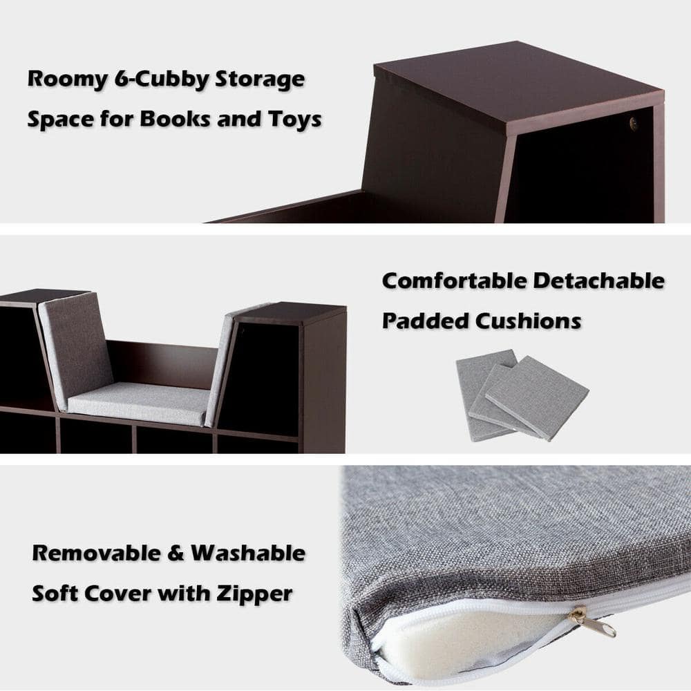Brown 6-Cubby Kid Storage Bookcase with Cushioned Reading Nook