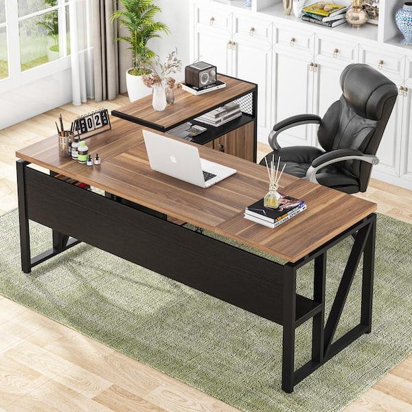 BYBLIGHT Lanita 62.9 in. L Shaped Desk Brown and Black Engineered