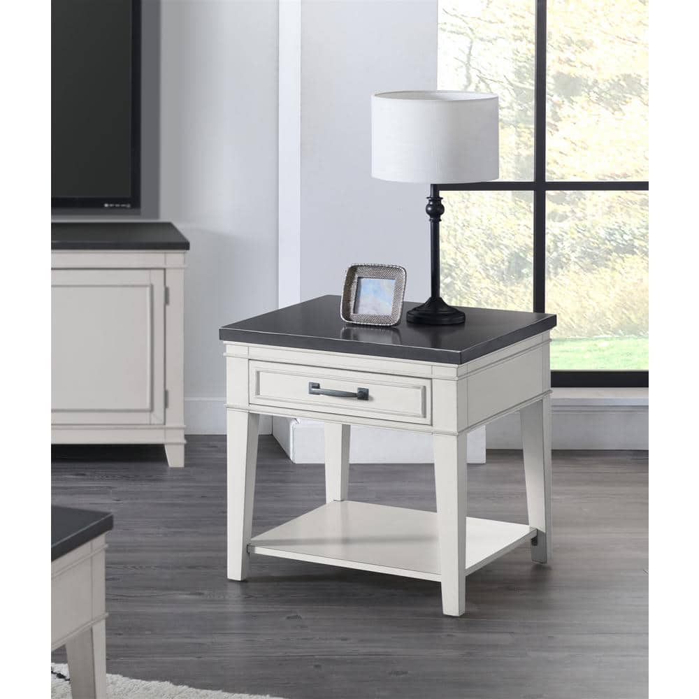 Coastal Casual Antique White and Grey Wooden End Table with Storage
