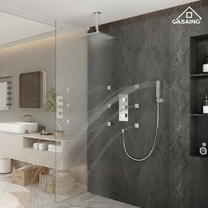 6-Spray 12 in. LED Light Thermostatic Dual Shower Heads Ceiling Mount Fixed and Handheld Shower Head 2.5 GPM in Chrome