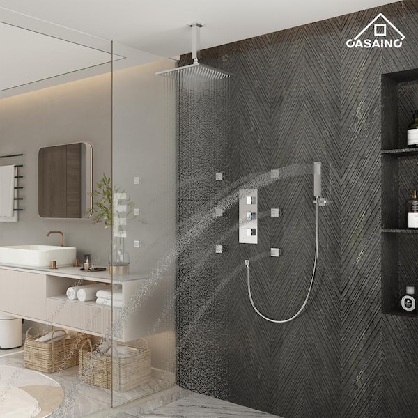 6-Spray 12 in. LED Light Thermostatic Dual Shower Heads Ceiling Mount Fixed and Handheld Shower Head 2.5 GPM in Chrome