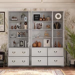 78.7 in. Tall Gray Wood 12-Shelf Combination Standard Bookcase Storage Cabinet with Tempered Glass Doors and 6-Drawers