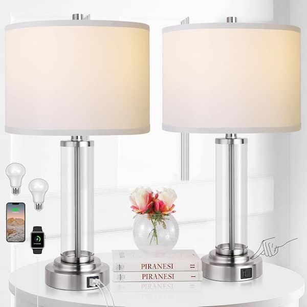 Jushua 27.5 in. Touch Control Nickel Table Lamps, Dimmable Art Glass Nightstand Lamps with USB Ports, Task & Reading (2-Pack)