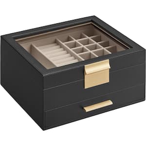 9.1 x 8 x 4.1 in. Graphite Black MDF Jewelry Box with Glass Lid, 2-Layer Organizer, 1 Drawer for Big and Small Jewelry