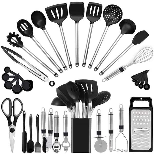 Black 33-Piece Silicone Stainless Steel Kitchen Utensil Set for Nonstick Cookware, Cooking, Baking and Daily Kitchen Use