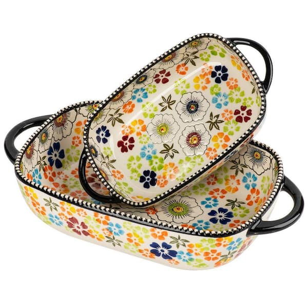2-Piece Rectangular Porcelain Bakeware Set Ceramic Baking Dish with Handles, Hand-Painted Floral Pattern