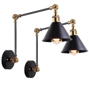 1-Light Black Double Poles Hardwired Swing Arm Wall Lamp Industrial Wall Sconce (2-Pack)