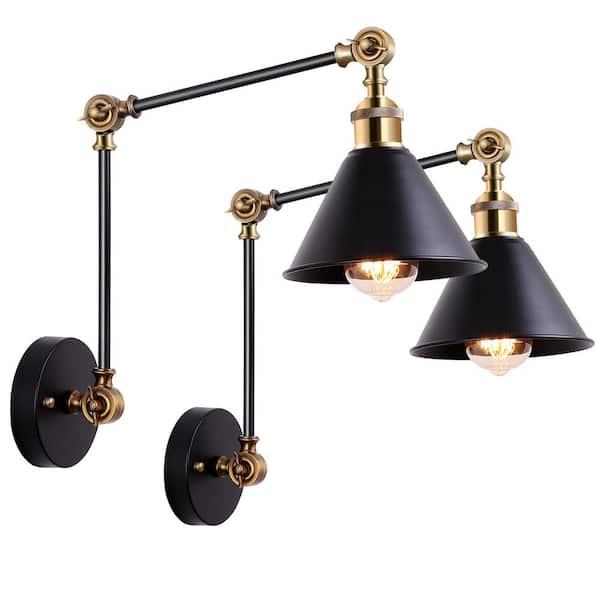 HKMGT 1-Light Black Double Poles Hardwired Swing Arm Wall Lamp Industrial Wall Sconce (2-Pack)