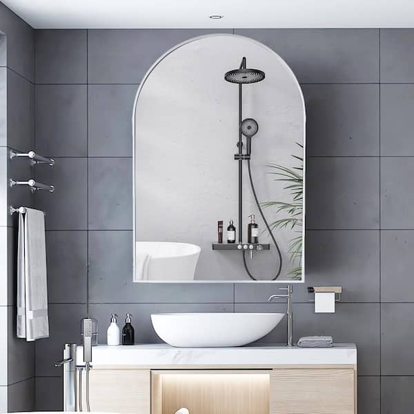 Cesicia 24 in. W x 36 in. H Arched Top Framed Wall Mount Bathroom Vanity Mirror in Silver