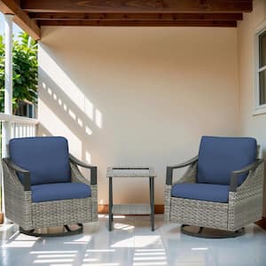 Nyajiah 3-Piece Gray Wicker Outdoor Rocking Chair with Blue Cushions