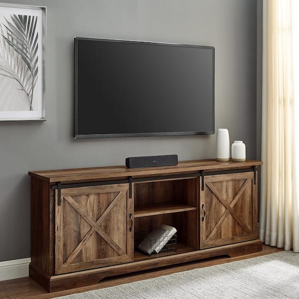 Walker Edison Furniture Company 70 in. Reclaimed Barnwood Wood and Metal TV Stand Fits TVs up to 80 in. with Sliding X Barn Doors (Max tv size 80 in.)