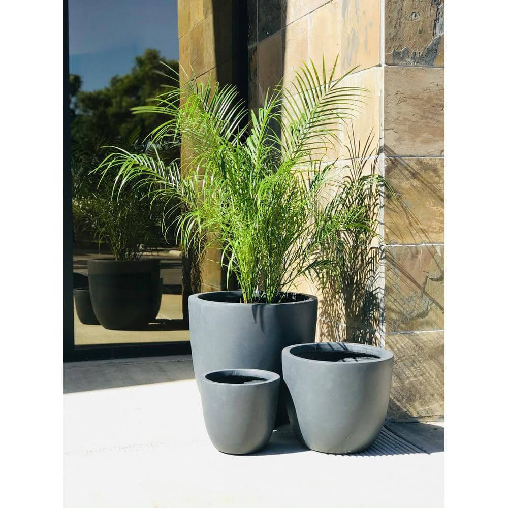 Modern Charcoal Concrete Round Planters, Set of 3