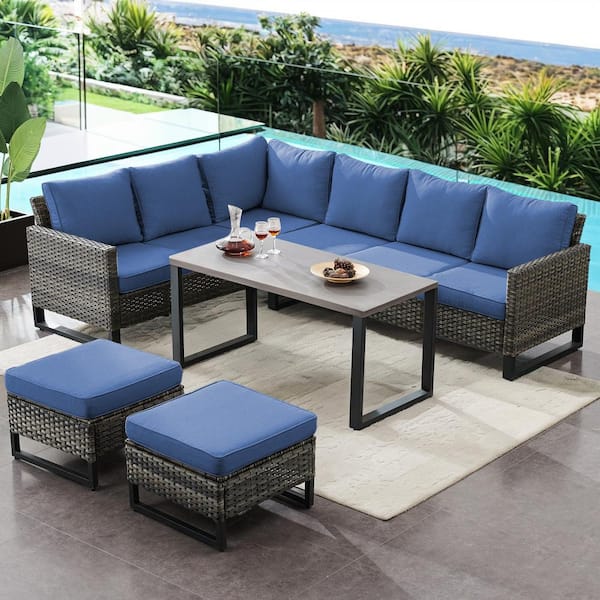 Gymojoy Valenta Gray 5-Piece Wicker Patio Conversation Sectional Seating Set with Blue Cushions