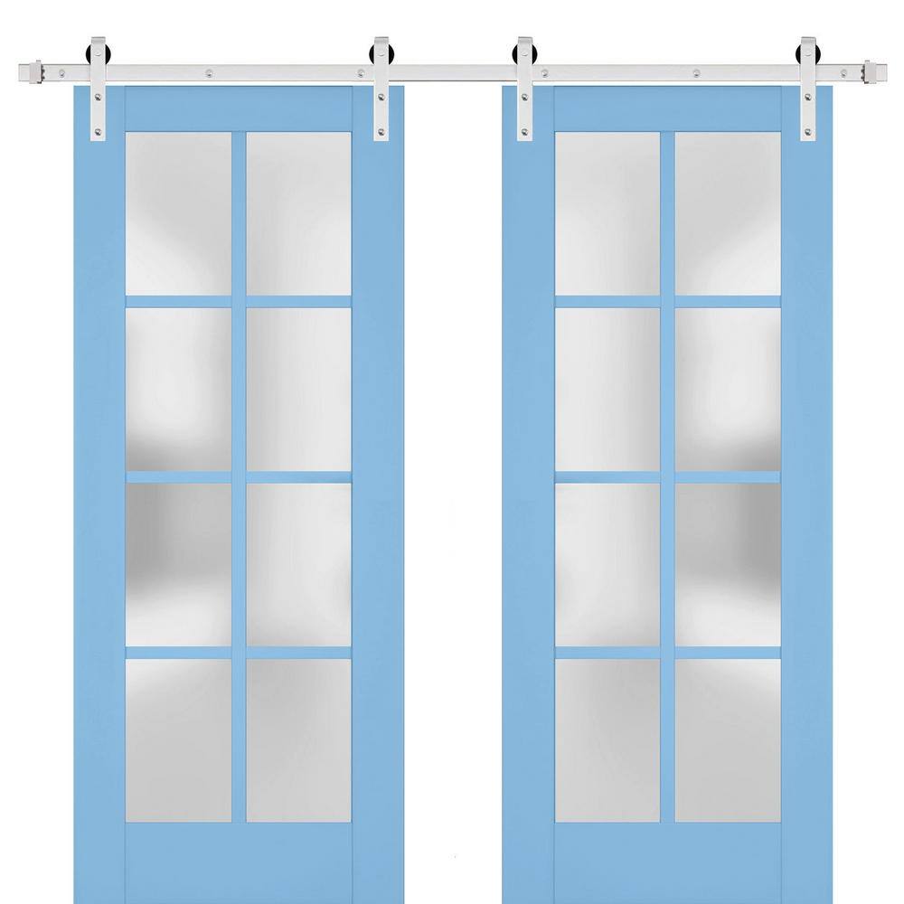 Assemble Required 18 in. x 96 in. 2-Panel Frosted Glass Aquamarine Solid Wood Sliding Barn Door with Hardware Kit price history on PriceWatchPro