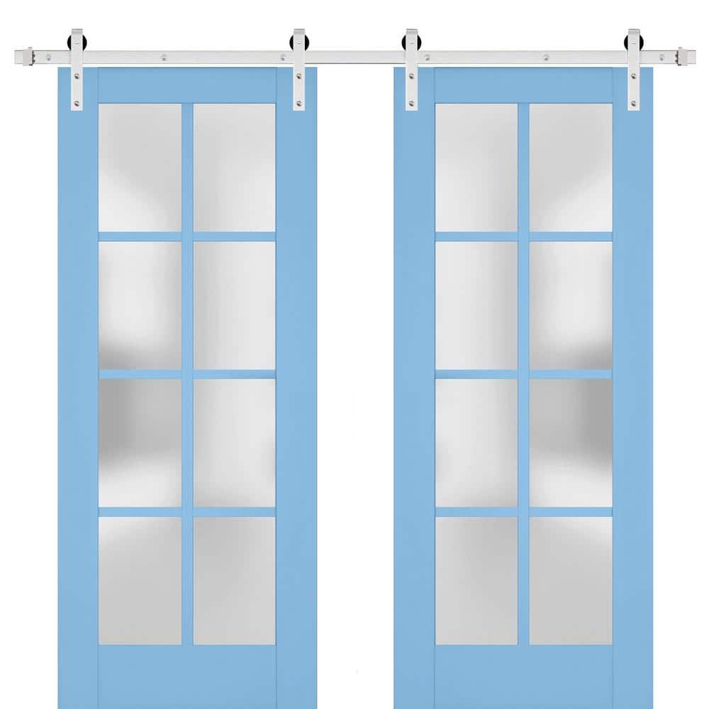 Assemble Required 30 in. x 80 in. 2-Panel Frosted Glass Aquamarine Solid Wood Sliding Barn Door with Hardware Kit price history on PriceWatchPro