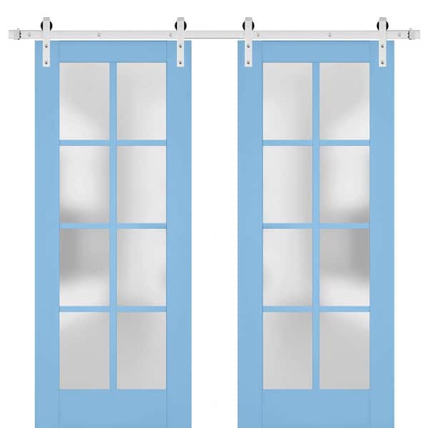 42 in. x 96 in. 2 Panel Frosted Glass Aquamarine Solid Wood Sliding Barn Door with Hardware Kit