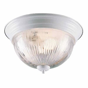 11 in. 2-Light White Indoor Flush Mount with Clear Prismatic Glass Bowl