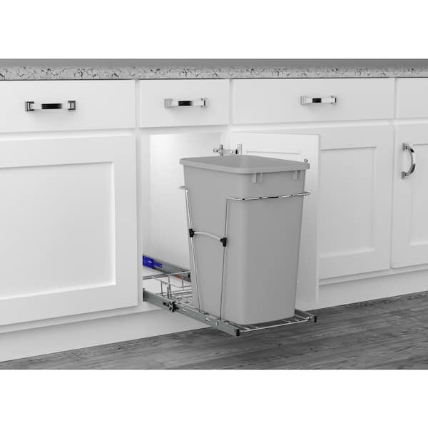 Chrome Steel Single 35 qt. Gray Waste Pullout with Detachable Storage Basket and Soft-Close