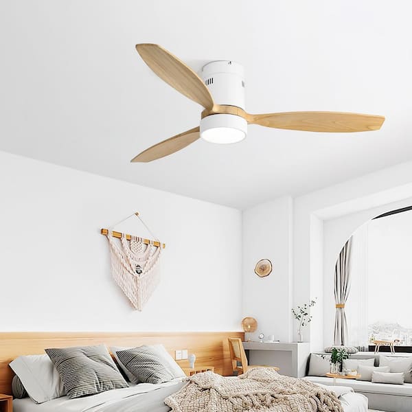 52 In. Indoor White 3 Solid Wood Blades Integrated LED Ceiling Fan with Remote Control and Reversible DC Motor