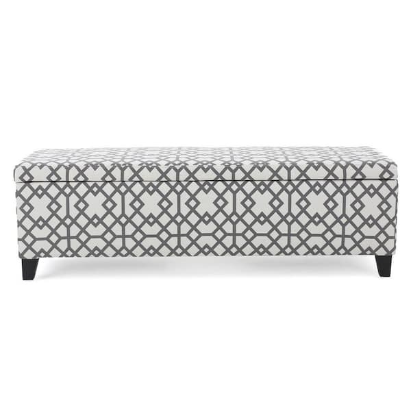 Noble House Cleo Gray and White Geometric-Patterned Fabric Storage Bedroom Bench