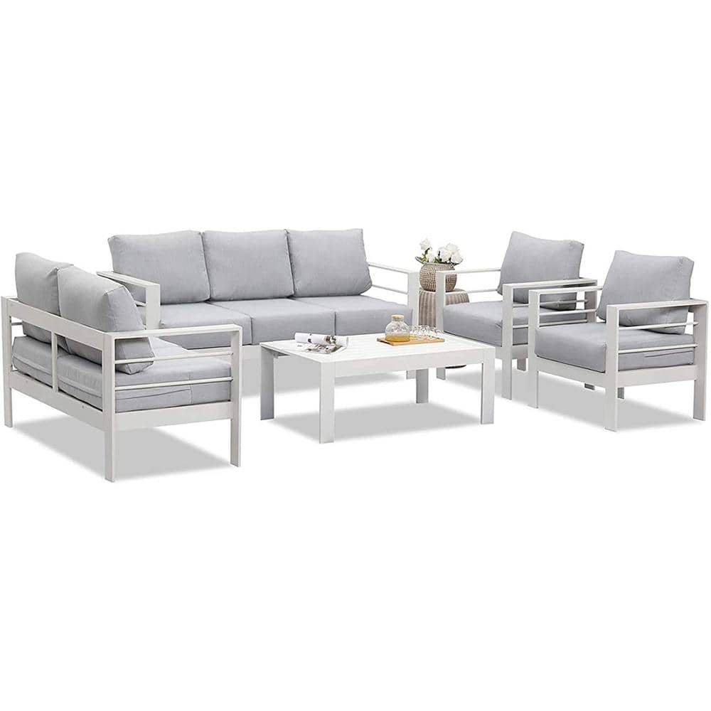 Solaste Outdoor Aluminum Furniture Set Pieces Patio Sectional Chat Sofa Conversation Set with Table,Grey - 3