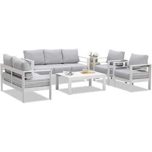 White 5-Piece Aluminum Patio Conversation Set with Light Grey Cushions